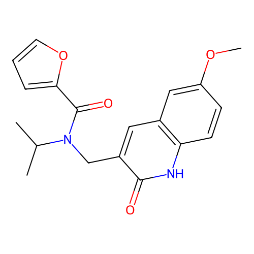 N-[(6-methoxy-2-oxo-1H-quinolin-3-yl)methyl]-N-propan-2-yl-2-furancarboxamide structure