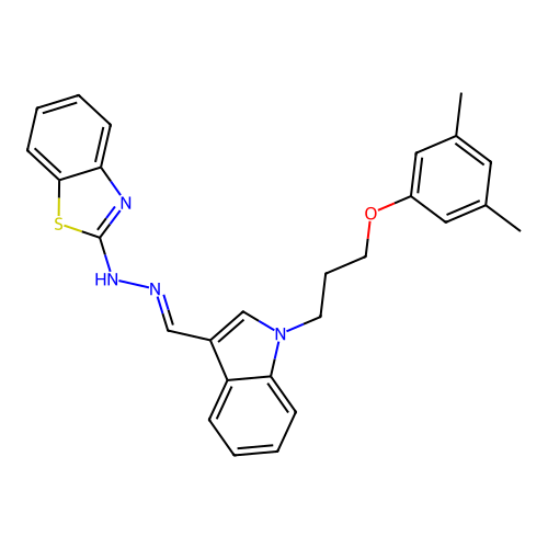 N-[[1-[3-(3,5-dimethylphenoxy)propyl]indol-3-yl]methylideneamino]benzothiazol-2-amine structure