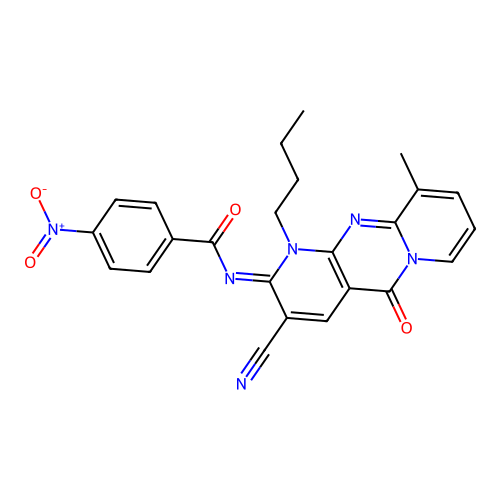 (E)-N-(1-butyl-3-cyano-10-methyl-5-oxo-1H-dipyrido[1,2-a:2',3'-d]pyrimidin-2(5H)-ylidene)-4-nitrobenzamide structure