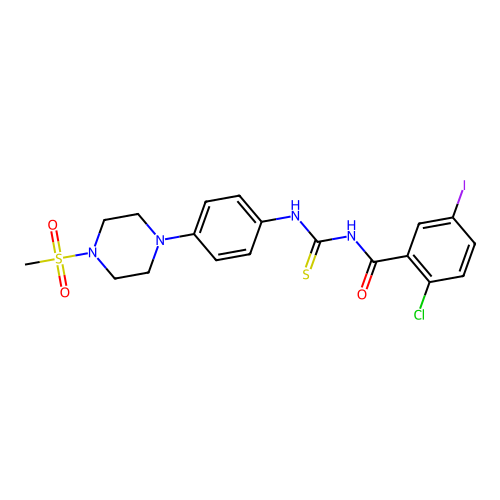 2-chloro-5-iodo-N-((4-(4-(methylsulfonyl)piperazin-1-yl)phenyl)carbamothioyl)benzamide structure