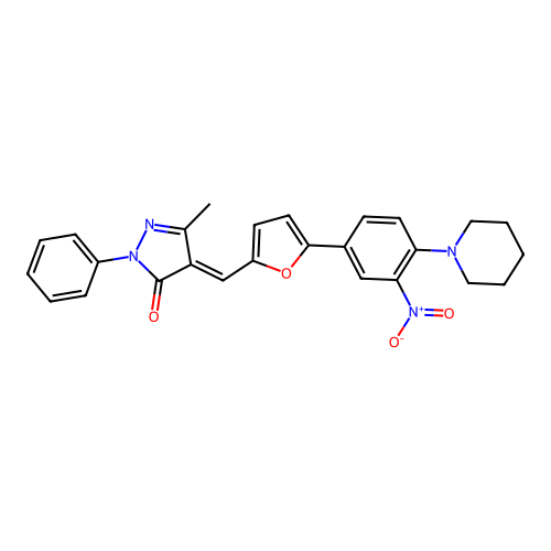 (4E)-5-methyl-4-[[5-(3-nitro-4-piperidin-1-ylphenyl)furan-2-yl]methylidene]-2-phenylpyrazol-3-one structure