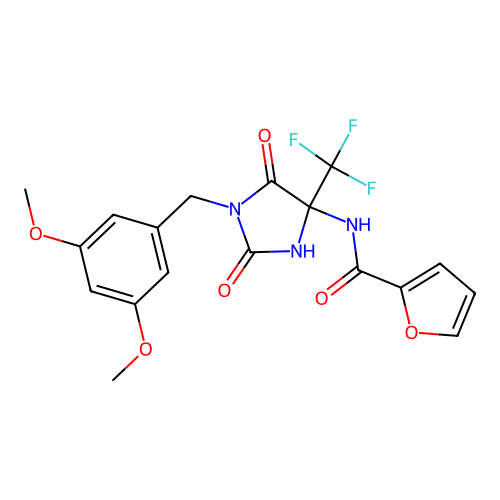 N-(1-(3,5-dimethoxybenzyl)-2,5-dioxo-4-(trifluoromethyl)imidazolidin-4-yl)furan-2-carboxamide structure