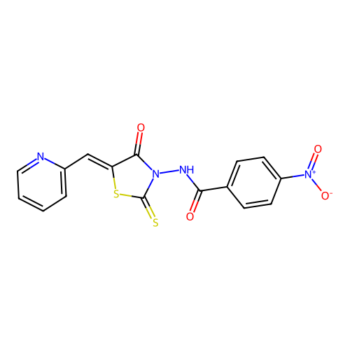 (Z)-4-nitro-N-(4-oxo-5-(pyridin-2-ylmethylene)-2-thioxothiazolidin-3-yl)benzamide structure