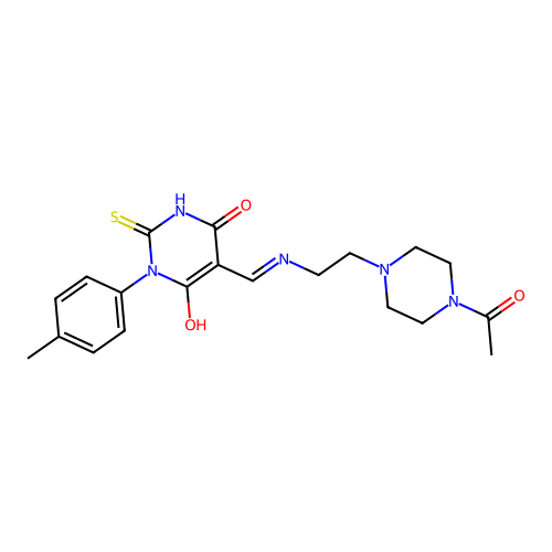 (E)-5-(((2-(4-acetylpiperazin-1-yl)ethyl)amino)methylene)-2-thioxo-1-(p-tolyl)dihydropyrimidine-4,6(1H,5H)-dione structure