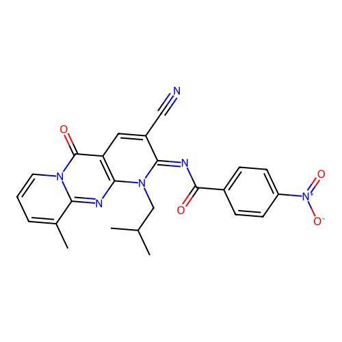 (E)-N-(3-cyano-1-isobutyl-10-methyl-5-oxo-1H-dipyrido[1,2-a:2',3'-d]pyrimidin-2(5H)-ylidene)-4-nitrobenzamide structure