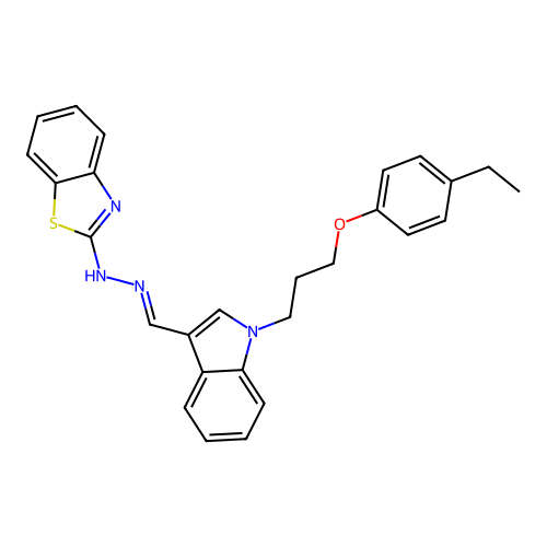 N-[(E)-[1-[3-(4-ethylphenoxy)propyl]indol-3-yl]methylideneamino]-1,3-benzothiazol-2-amine structure