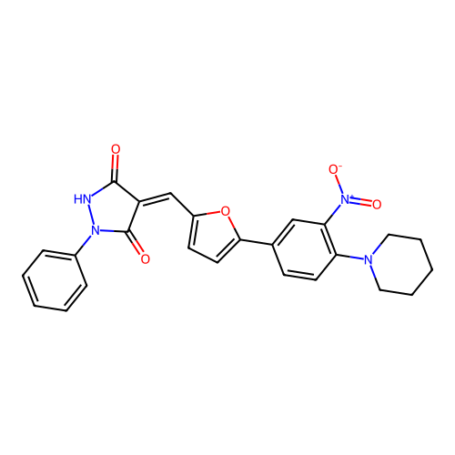 (4Z)-4-({5-[3-nitro-4-(piperidin-1-yl)phenyl]furan-2-yl}methylidene)-1-phenylpyrazolidine-3,5-dione structure