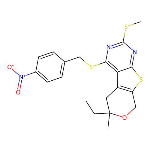 6-ethyl-6-methyl-2-(methylsulfanyl)-4-[(4-nitrobenzyl)sulfanyl]-5,8-dihydro-6H-pyrano[4',3':4,5]thieno[2,3-d]pyrimidine structure