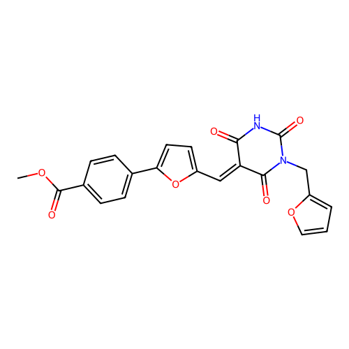 (E)-methyl 4-(5-((1-(furan-2-ylmethyl)-2,4,6-trioxotetrahydropyrimidin-5(2H)-ylidene)methyl)furan-2-yl)benzoate structure