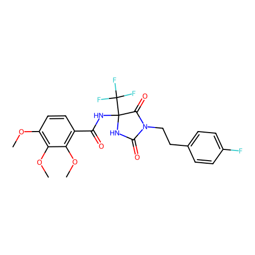 N-(1-(4-fluorophenethyl)-2,5-dioxo-4-(trifluoromethyl)imidazolidin-4-yl)-2,3,4-trimethoxybenzamide structure
