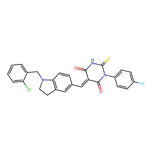 (5E)-5-[[1-[(2-chlorophenyl)methyl]-2,3-dihydroindol-5-yl]methylidene]-1-(4-fluorophenyl)-2-sulfanylidene-1,3-diazinane-4,6-dione structure