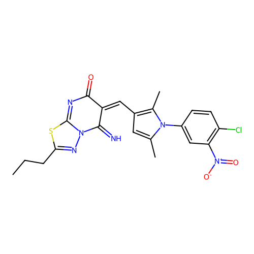 (6E)-6-[[1-(4-chloro-3-nitrophenyl)-2,5-dimethylpyrrol-3-yl]methylidene]-5-imino-2-propyl-[1,3,4]thiadiazolo[3,2-a]pyrimidin-7-one structure