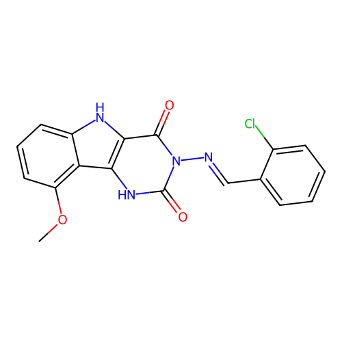 (E)-3-((2-chlorobenzylidene)amino)-9-methoxy-1H-pyrimido[5,4-b]indole-2,4(3H,5H)-dione structure