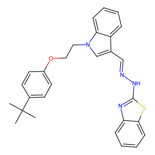 N-[[1-[2-(4-tert-butylphenoxy)ethyl]indol-3-yl]methylideneamino]benzothiazol-2-amine structure