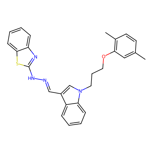 N-[[1-[3-(2,5-dimethylphenoxy)propyl]indol-3-yl]methylideneamino]benzothiazol-2-amine structure