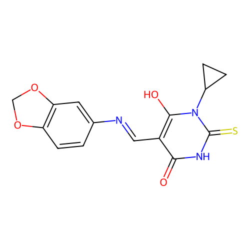 5-[(1,3-benzodioxol-5-ylamino)methylidene]-1-cyclopropyl-2-sulfanylidene-1,3-diazinane-4,6-dione structure
