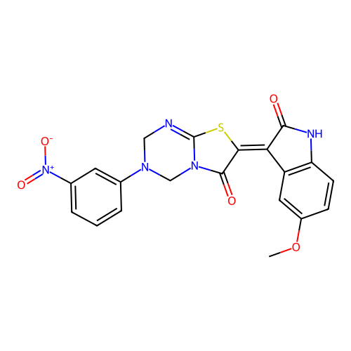 (7Z)-7-(5-methoxy-2-oxo-1,2-dihydro-3H-indol-3-ylidene)-3-(3-nitrophenyl)-3,4-dihydro-2H-[1,3]thiazolo[3,2-a][1,3,5]triazin-6(7H)-one structure