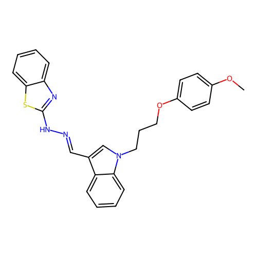 N-[[1-[3-(4-methoxyphenoxy)propyl]indol-3-yl]methylideneamino]benzothiazol-2-amine structure