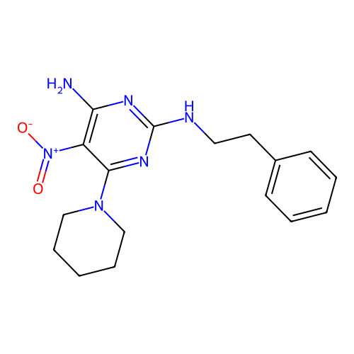 5-nitro-N~2~-(2-phenylethyl)-6-(piperidin-1-yl)pyrimidine-2,4-diamine structure