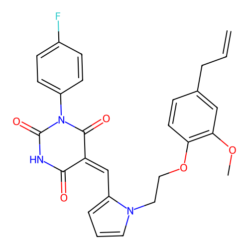 (5E)-1-(4-fluorophenyl)-5-[(1-{2-[2-methoxy-4-(prop-2-en-1-yl)phenoxy]ethyl}-1H-pyrrol-2-yl)methylidene]pyrimidine-2,4,6(1H,3H,5H)-trione structure