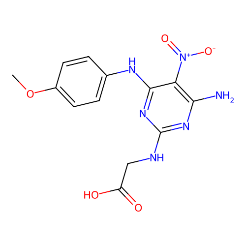 N-{4-amino-6-[(4-methoxyphenyl)amino]-5-nitropyrimidin-2-yl}glycine structure