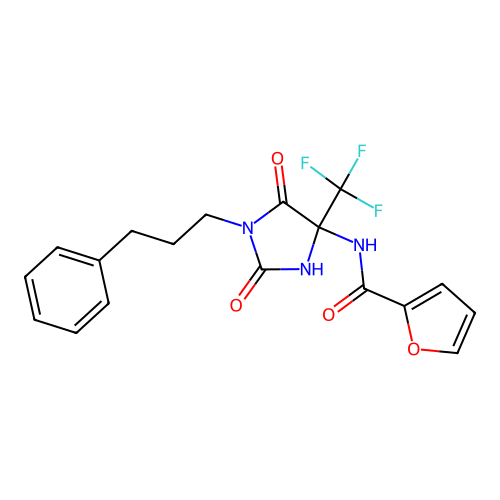 N-(2,5-dioxo-1-(3-phenylpropyl)-4-(trifluoromethyl)imidazolidin-4-yl)furan-2-carboxamide structure