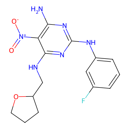 2-N-(3-fluorophenyl)-5-nitro-4-N-(oxolan-2-ylmethyl)pyrimidine-2,4,6-triamine structure