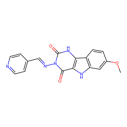 (E)-7-methoxy-3-((pyridin-4-ylmethylene)amino)-1H-pyrimido[5,4-b]indole-2,4(3H,5H)-dione structure