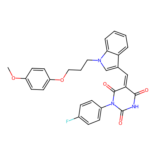 (Z)-1-(4-fluorophenyl)-5-((1-(3-(4-methoxyphenoxy)propyl)-1H-indol-3-yl)methylene)pyrimidine-2,4,6(1H,3H,5H)-trione structure