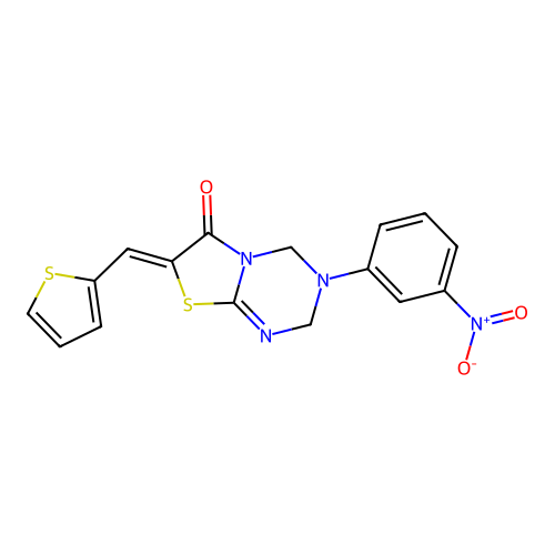 (7Z)-3-(3-nitrophenyl)-7-(thiophen-2-ylmethylidene)-2,4-dihydro-[1,3]thiazolo[3,2-a][1,3,5]triazin-6-one structure