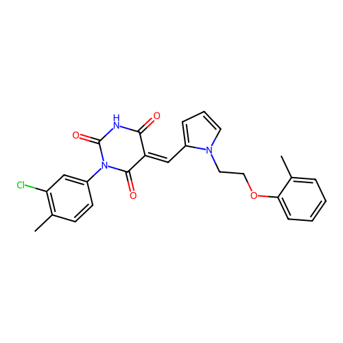 (E)-1-(3-chloro-4-methylphenyl)-5-((1-(2-(o-tolyloxy)ethyl)-1H-pyrrol-2-yl)methylene)pyrimidine-2,4,6(1H,3H,5H)-trione structure