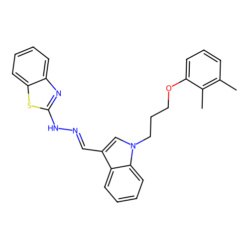 N-[[1-[3-(2,3-dimethylphenoxy)propyl]indol-3-yl]methylideneamino]benzothiazol-2-amine structure