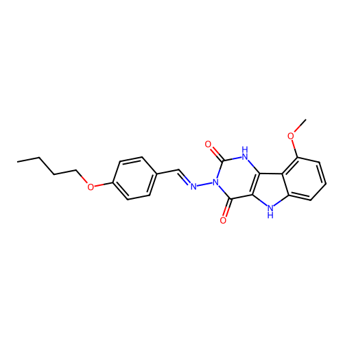 (E)-3-((4-butoxybenzylidene)amino)-9-methoxy-1H-pyrimido[5,4-b]indole-2,4(3H,5H)-dione structure