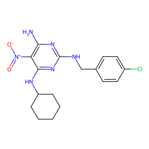 N~2~-(4-chlorobenzyl)-N~4~-cyclohexyl-5-nitropyrimidine-2,4,6-triamine structure