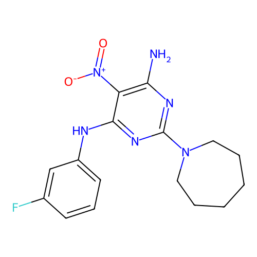 2-(azepan-1-yl)-N-(3-fluorophenyl)-5-nitropyrimidine-4,6-diamine structure