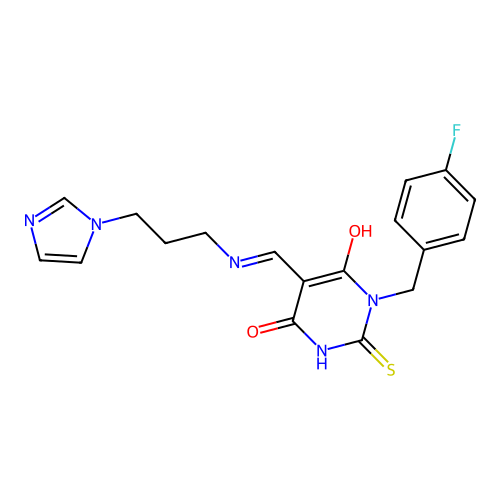 (5E)-1-(4-fluorobenzyl)-5-({[3-(1H-imidazol-1-yl)propyl]amino}methylidene)-2-sulfanylpyrimidine-4,6(1H,5H)-dione structure