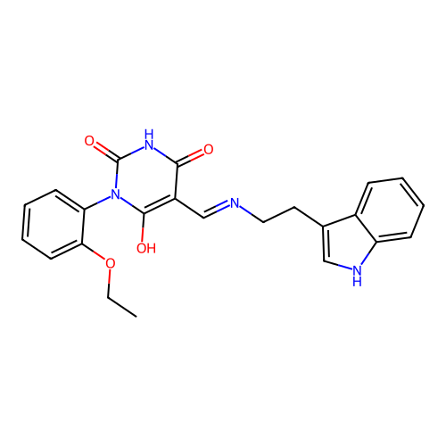 1-(2-ethoxyphenyl)-5-[[2-(1H-indol-3-yl)ethylamino]methylidene]-1,3-diazinane-2,4,6-trione structure