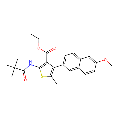 ethyl 4-(6-methoxynaphthalen-2-yl)-5-methyl-2-pivalamidothiophene-3-carboxylate structure