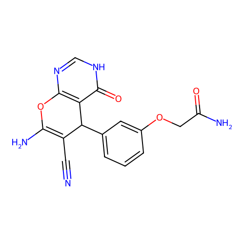 2-(3-(7-amino-6-cyano-4-hydroxy-5H-pyrano[2,3-d]pyrimidin-5-yl)phenoxy)acetamide structure
