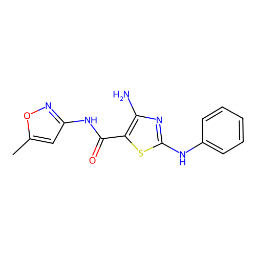 4-amino-2-anilino-N-(5-methyl-3-isoxazolyl)-1,3-thiazole-5-carboxamide structure