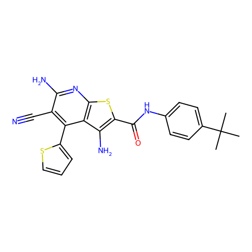 3,6-diamino-N-(4-(tert-butyl)phenyl)-5-cyano-4-(thiophen-2-yl)thieno[2,3-b]pyridine-2-carboxamide structure
