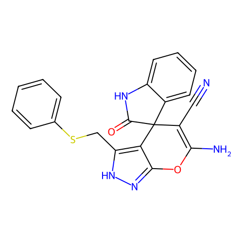 6'-amino-2-oxo-3'-[(phenylthio)methyl]-1,2-dihydro-1'H-spiro[indole-3,4'-pyrano[2,3-c]pyrazole]-5'-carbonitrile structure