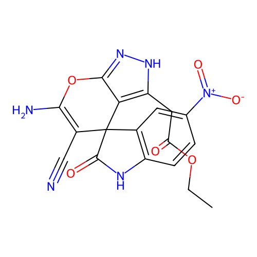 ethyl (6'-amino-5'-cyano-5-nitro-2-oxo-1,2-dihydro-2'H-spiro[indole-3,4'-pyrano[2,3-c]pyrazol]-3'-yl)acetate structure