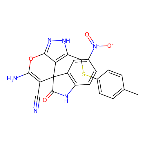 6'-amino-3'-[(4-methylphenyl)sulfanylmethyl]-5-nitro-2-oxospiro[1H-indole-3,4'-2H-pyrano[2,3-c]pyrazole]-5'-carbonitrile structure