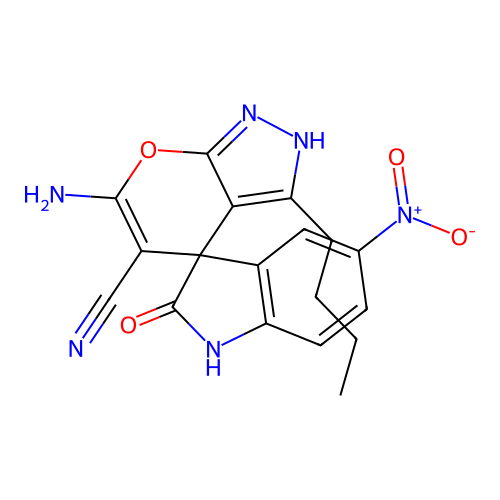 6'-amino-3'-butyl-5-nitro-2-oxo-1'H-spiro[indoline-3,4'-pyrano[2,3-c]pyrazole]-5'-carbonitrile structure