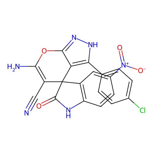 6'-amino-3'-(4-chlorophenyl)-5-nitro-2-oxo-1'H-spiro[indoline-3,4'-pyrano[2,3-c]pyrazole]-5'-carbonitrile structure