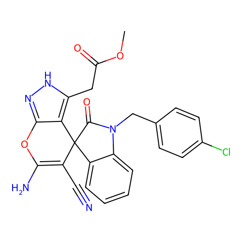 methyl [6'-amino-1-(4-chlorobenzyl)-5'-cyano-2-oxo-1,2-dihydro-2'H-spiro[indole-3,4'-pyrano[2,3-c]pyrazol]-3'-yl]acetate structure