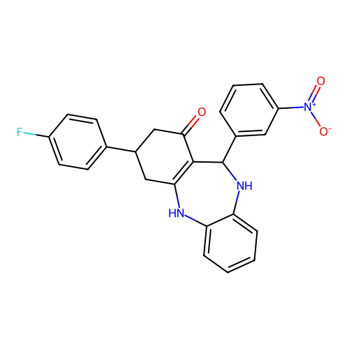 3-(4-fluorophenyl)-11-(3-nitrophenyl)-3,4,10,11-tetrahydro-2H-dibenzo[b,e][1,4]diazepin-1-ol structure