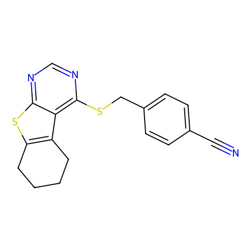 4-(((5,6,7,8-tetrahydrobenzo[4,5]thieno[2,3-d]pyrimidin-4-yl)thio)methyl)benzonitrile structure