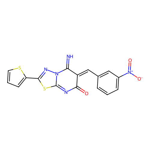 (Z)-5-imino-6-(3-nitrobenzylidene)-2-(thiophen-2-yl)-5H-[1,3,4]thiadiazolo[3,2-a]pyrimidin-7(6H)-one structure